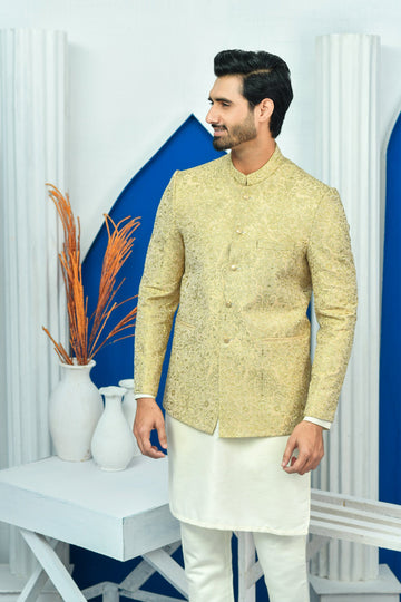 Golden Color Zari Embroidered Prince Coat For Men